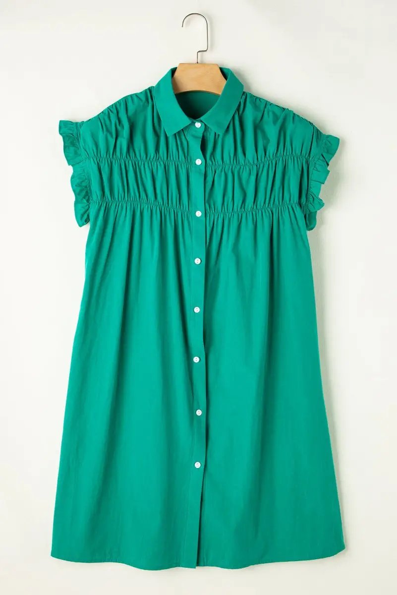 Bright Green Shirred Ruffle Sleeve Button Up Short Dress - Love Salve
